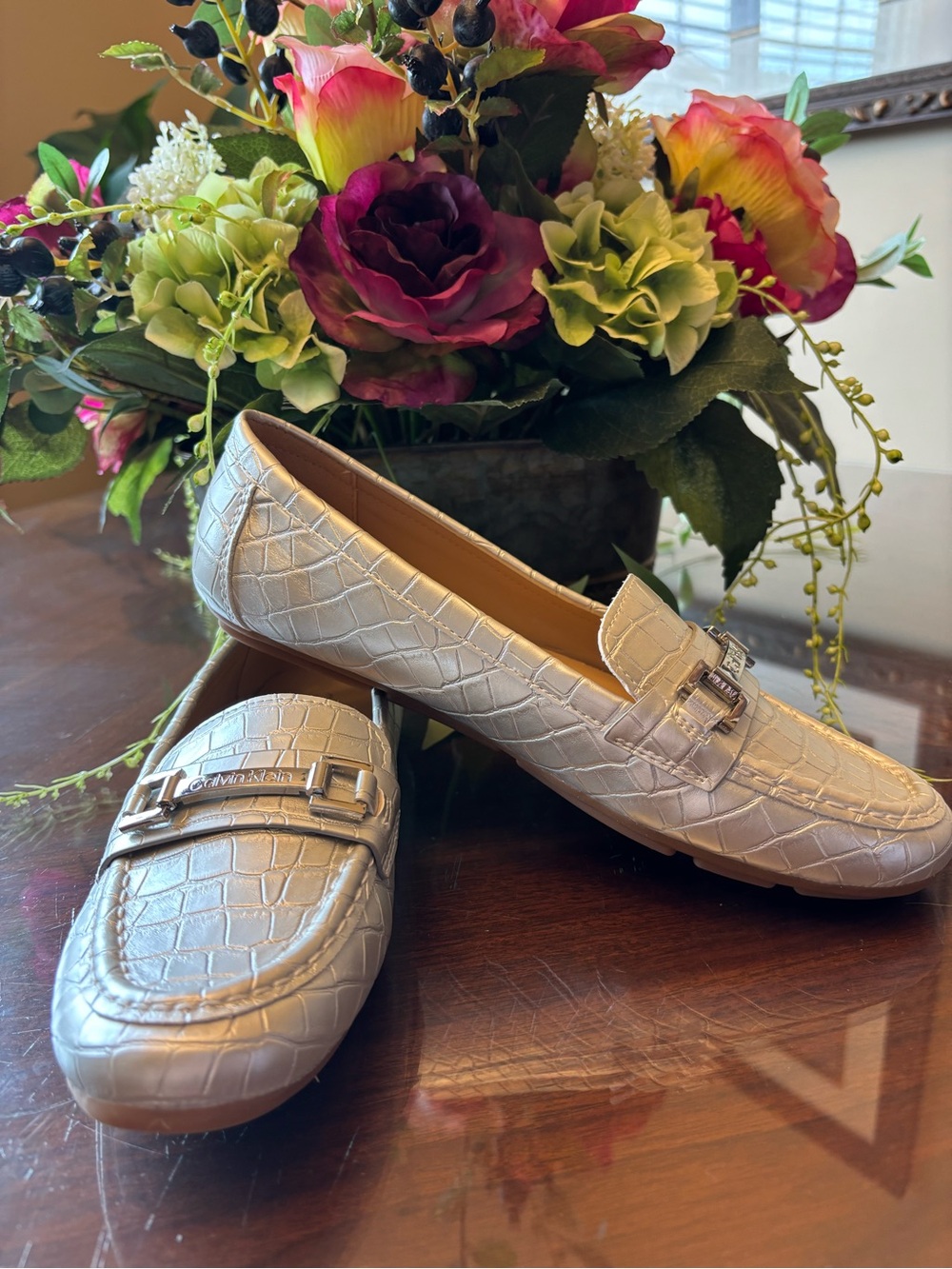 Calvin Klein Metallic Silver Croc-Embossed Loafers